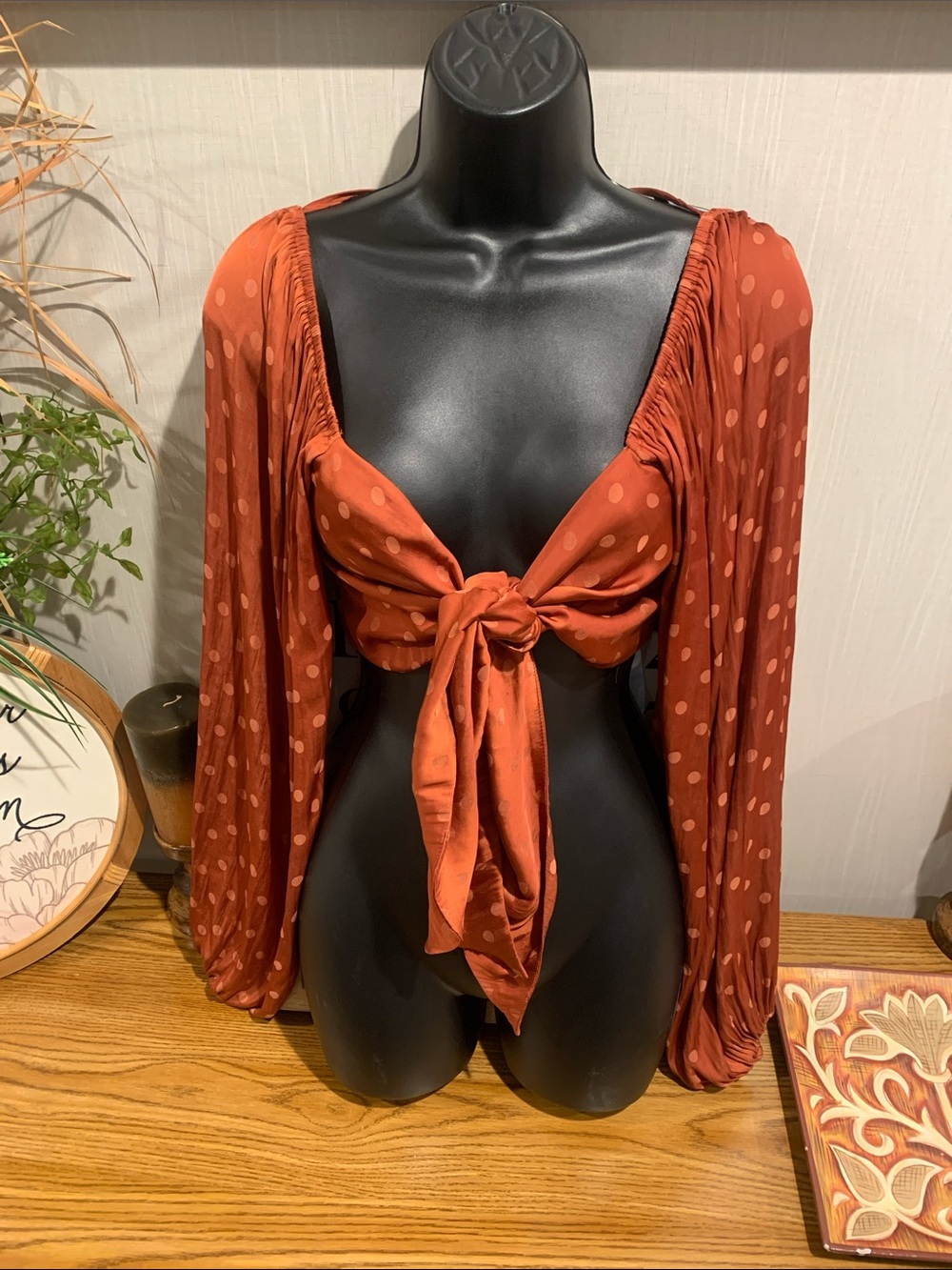By Together Rust Polka Dot Tie-Front Crop Top - Picture 3 of 11